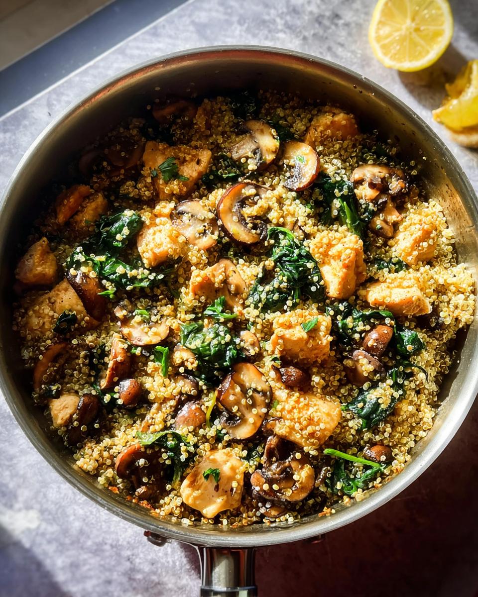 A delicious skillet dish featuring chicken pieces, quinoa, mushrooms, and spinach, perfect for beginner chicken recipes.