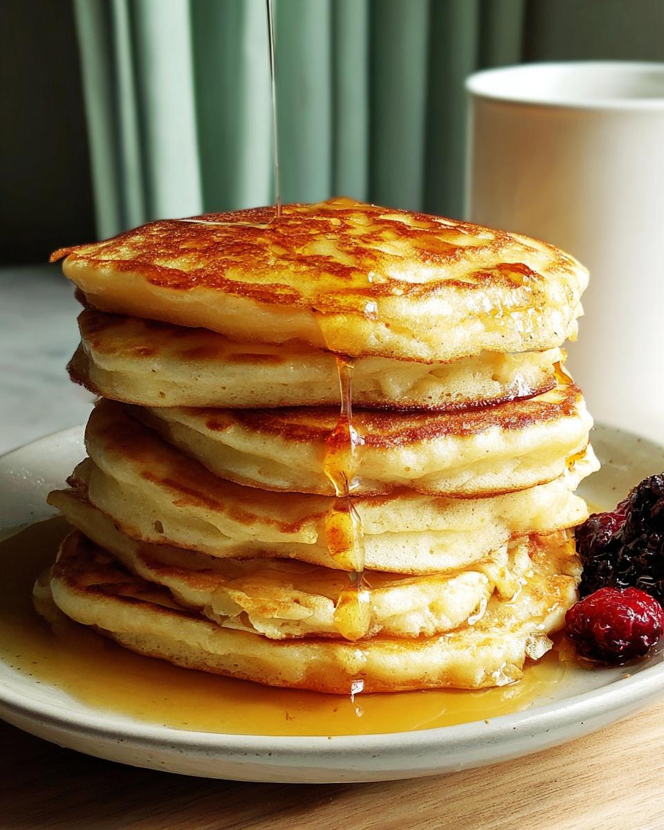 A tall stack of fluffy beginner pancakes being drizzled with golden syrup, served with berries.