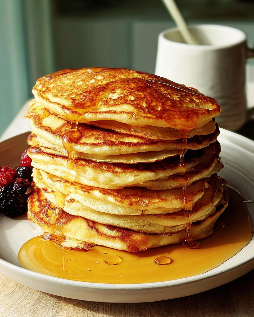 A tall stack of golden-brown beginner pancakes drizzled with syrup, served with berries.