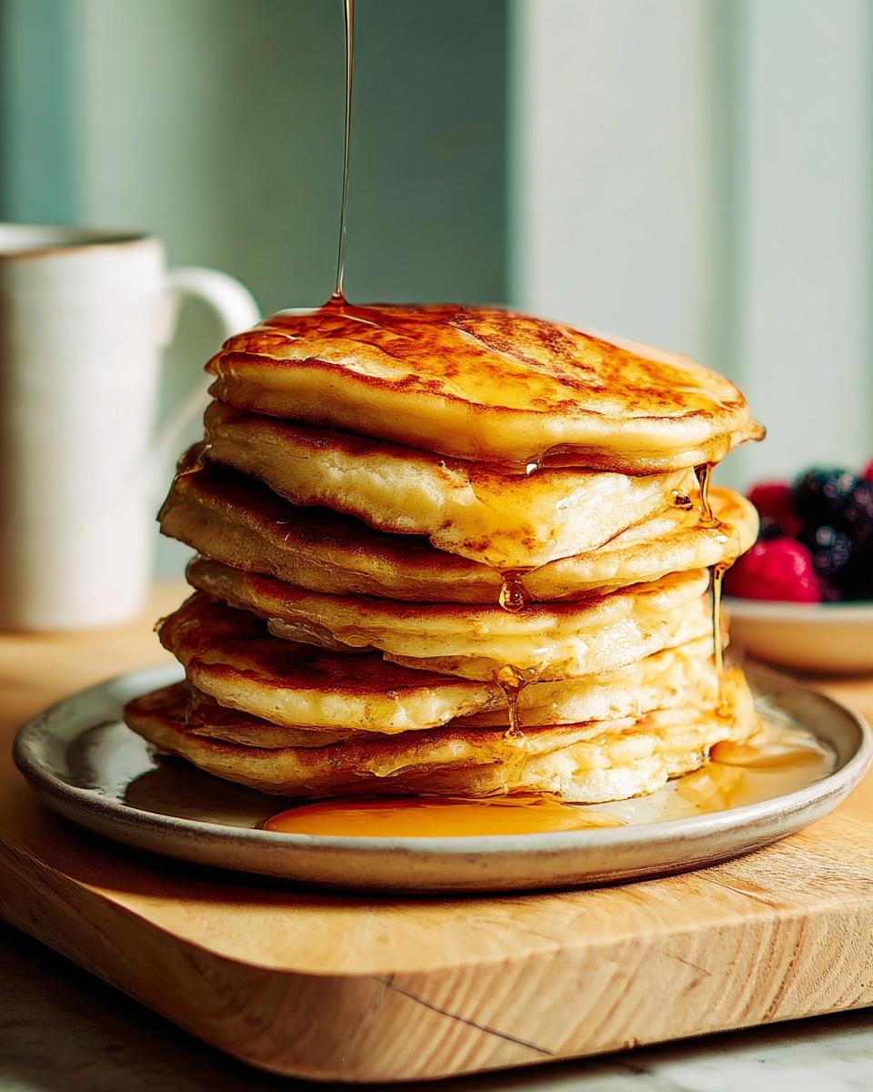 A tall stack of fluffy pancakes drizzled with syrup, part of beginner breakfast ideas.
