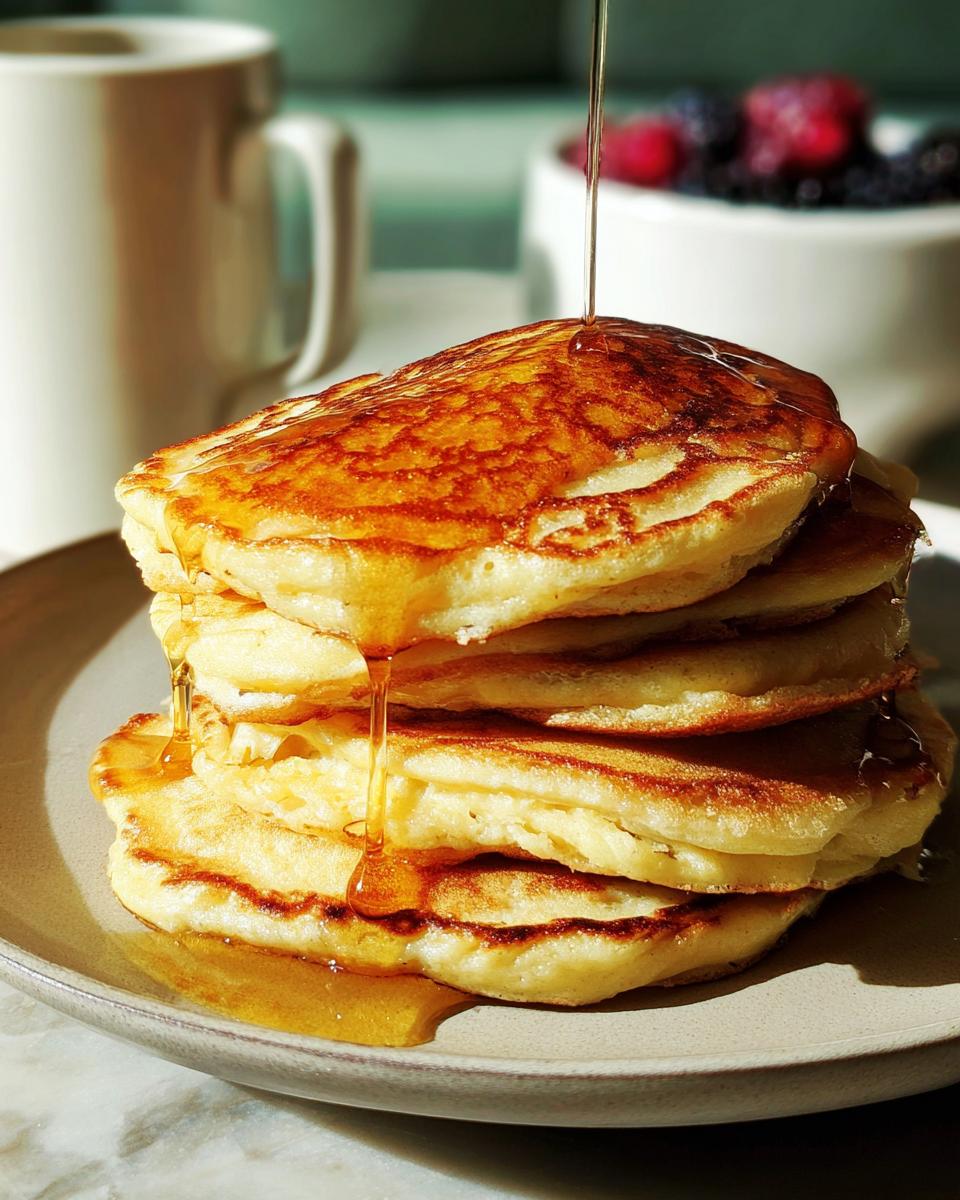 A stack of fluffy beginner pancakes being drizzled with golden syrup, with berries and a mug in the background.