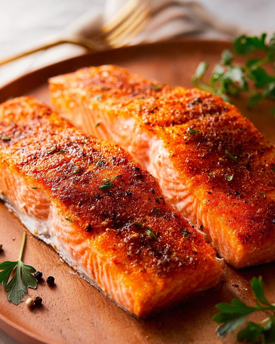 Two perfectly cooked salmon fillets seasoned with spices and herbs, presented on a wooden plate.