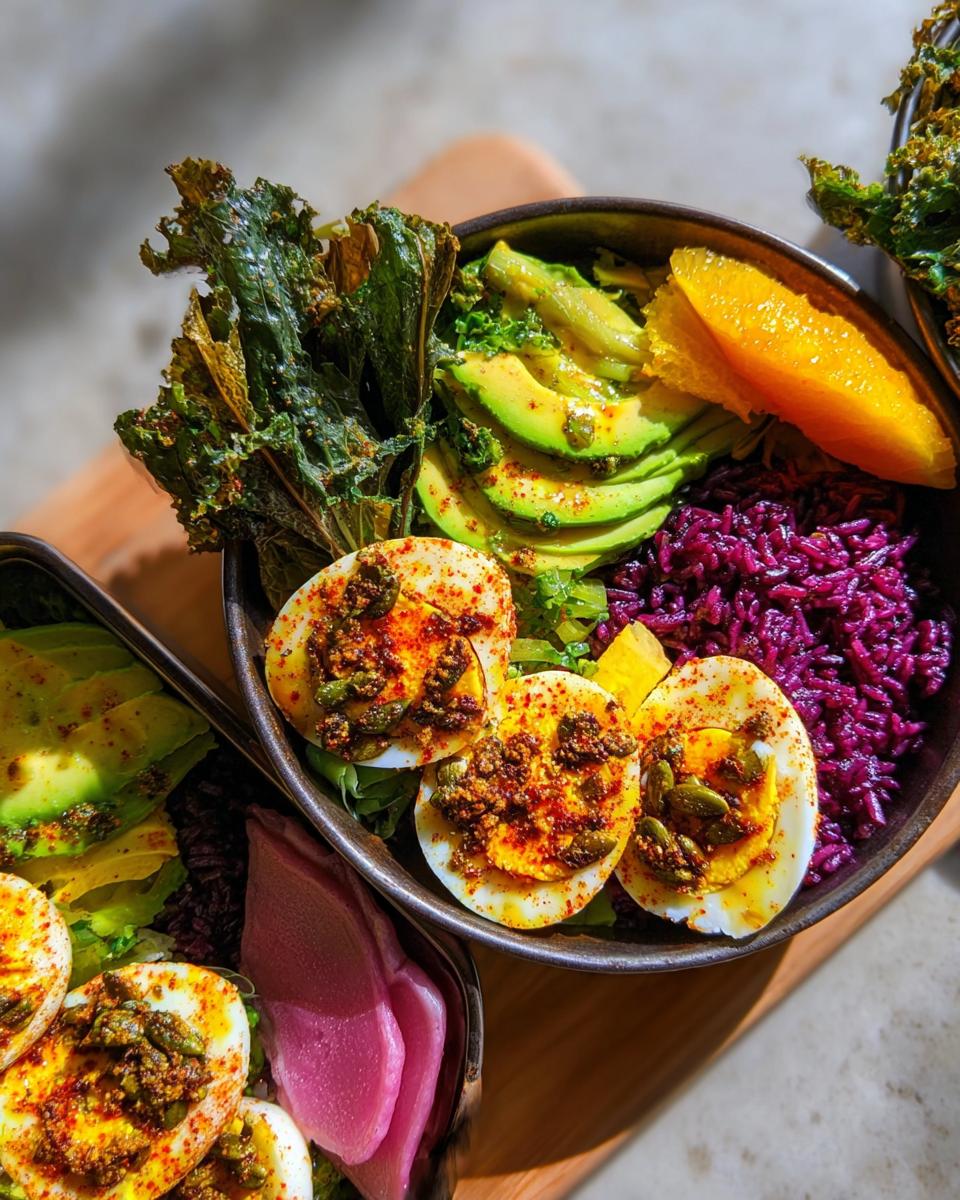 Close-up of a healthy bowl featuring halved hard-boiled eggs, sliced avocado, purple rice, and crispy kale. This is a great beginner's egg recipe.