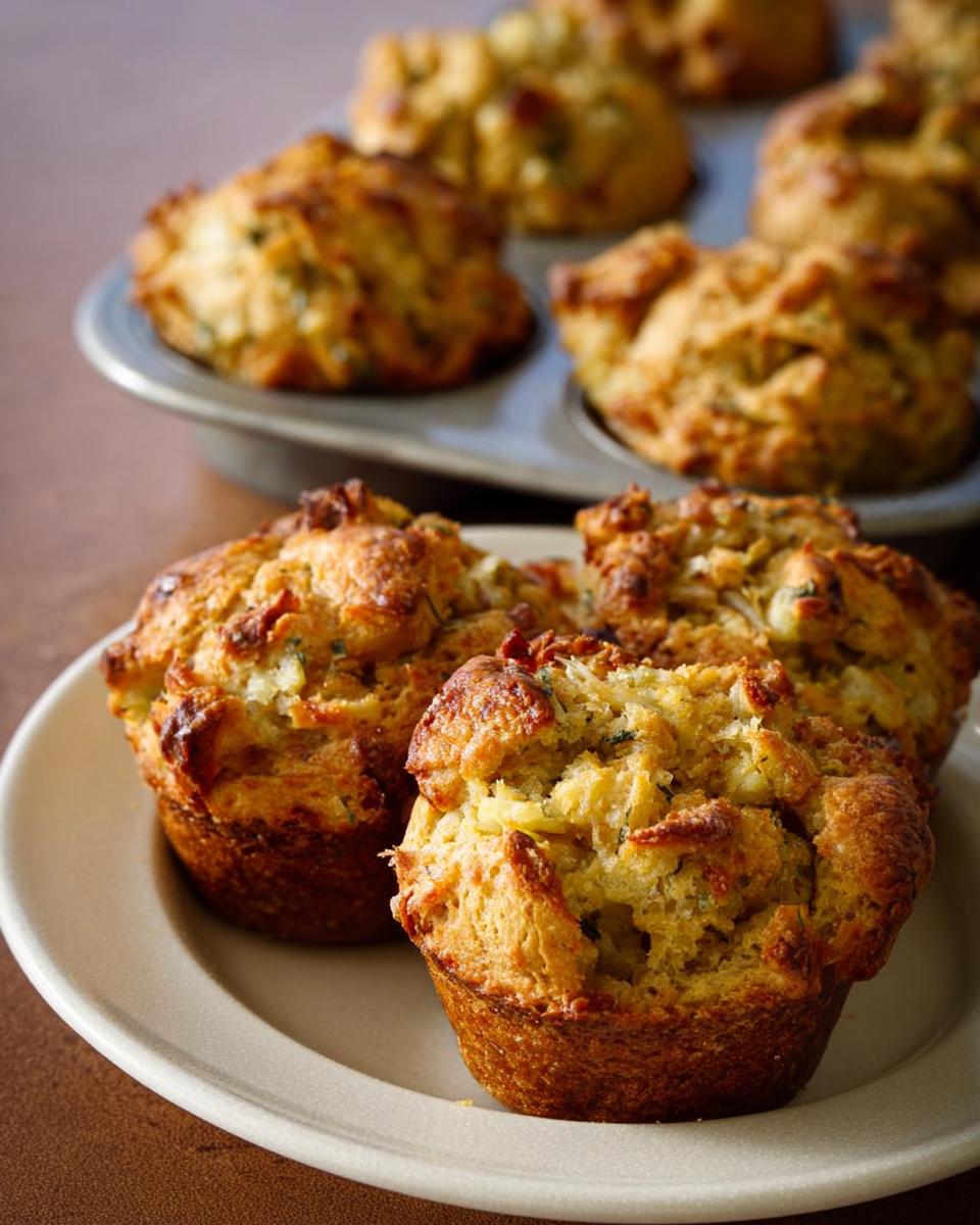 Close-up of golden-brown beginner's stuffing muffins on a plate, with more in a muffin tin in the background.