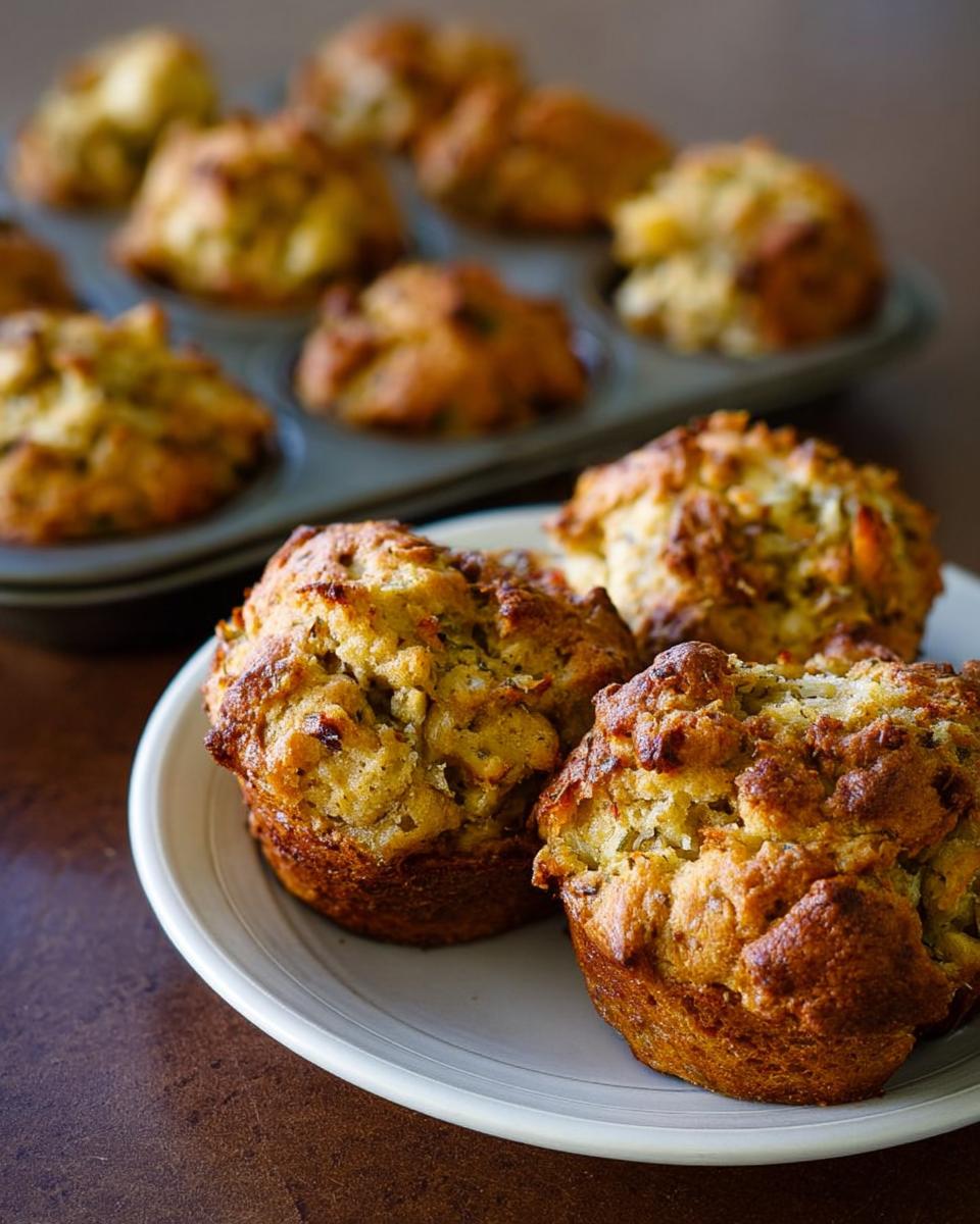 Golden brown beginner's stuffing muffins served on a white plate, with more muffins in a muffin tin in the background.