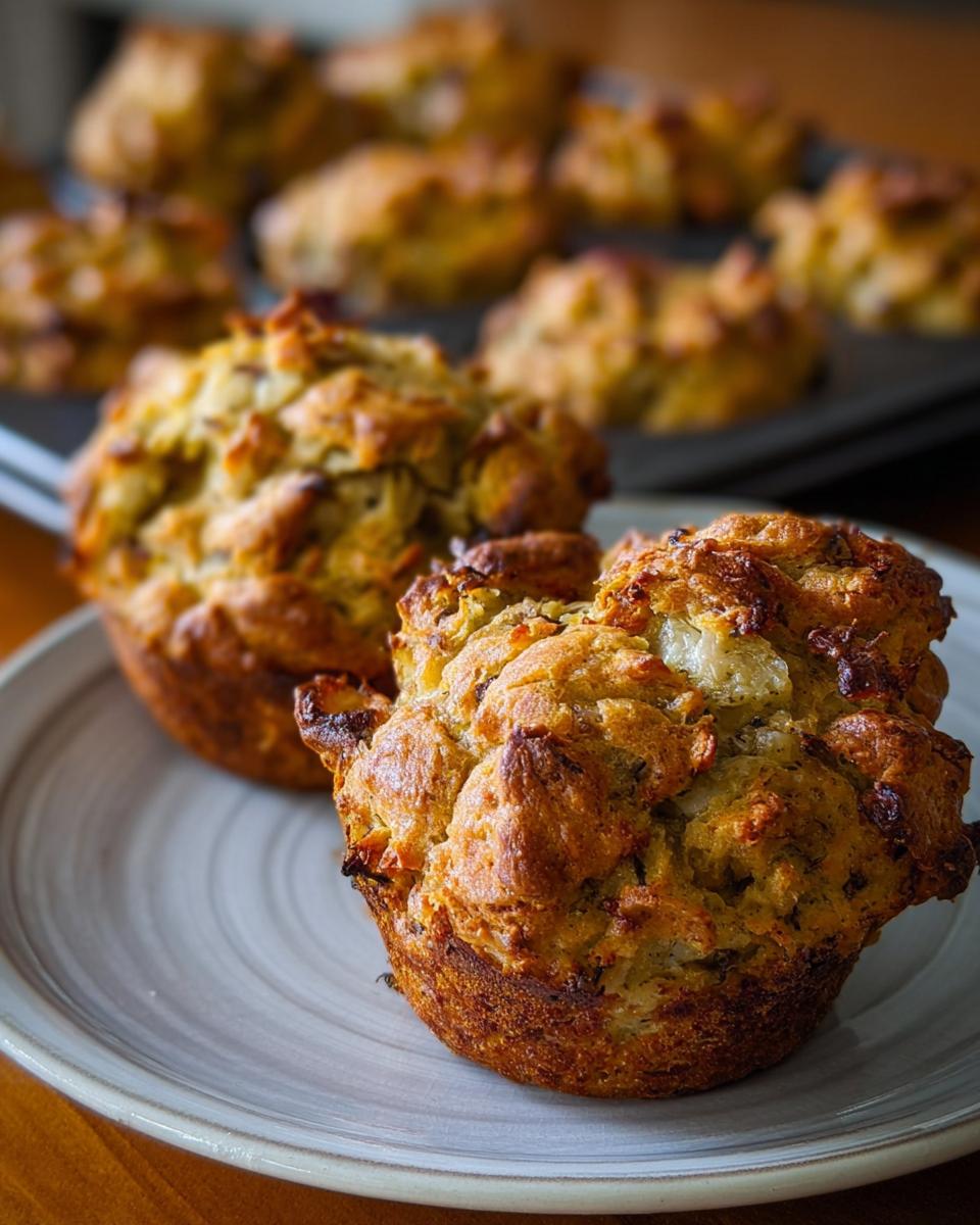 Close-up of two golden-brown stuffing muffins on a plate, with a muffin tin of more stuffing muffins in the background.