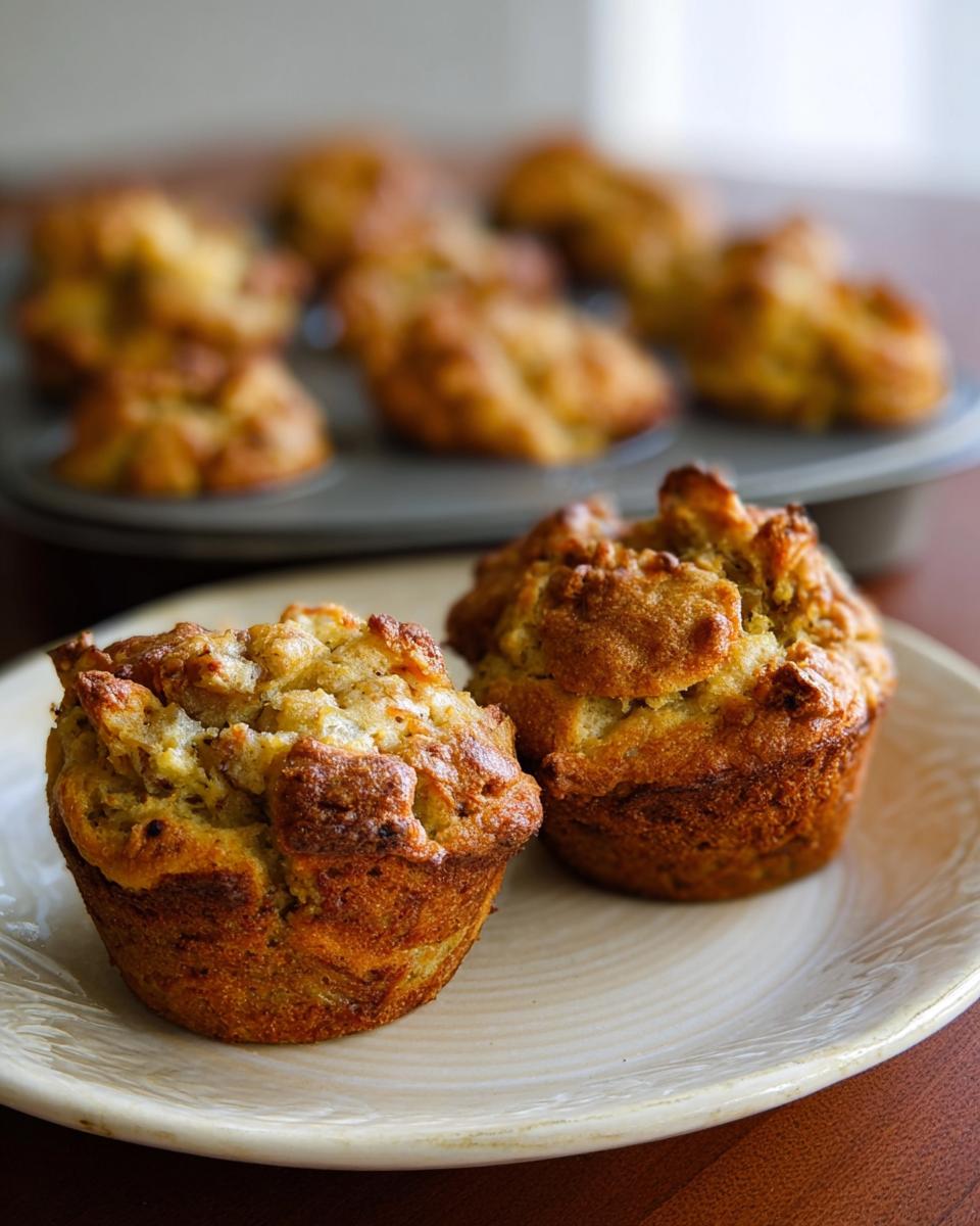 Two golden-brown beginner's stuffing muffins served on a plate, with more in a muffin tin blurred in the background.