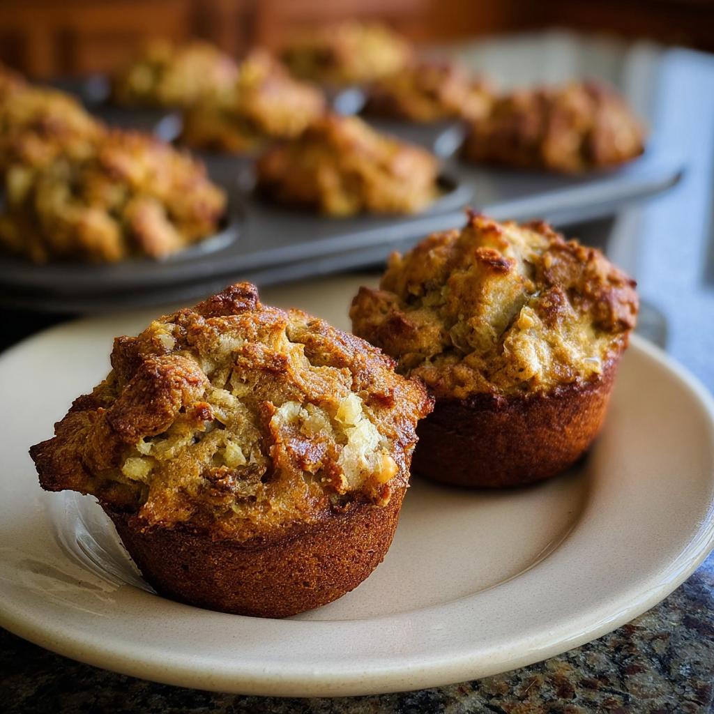 Two golden-brown stuffing muffins on a plate, with a muffin tin full of more stuffing muffins in the background.