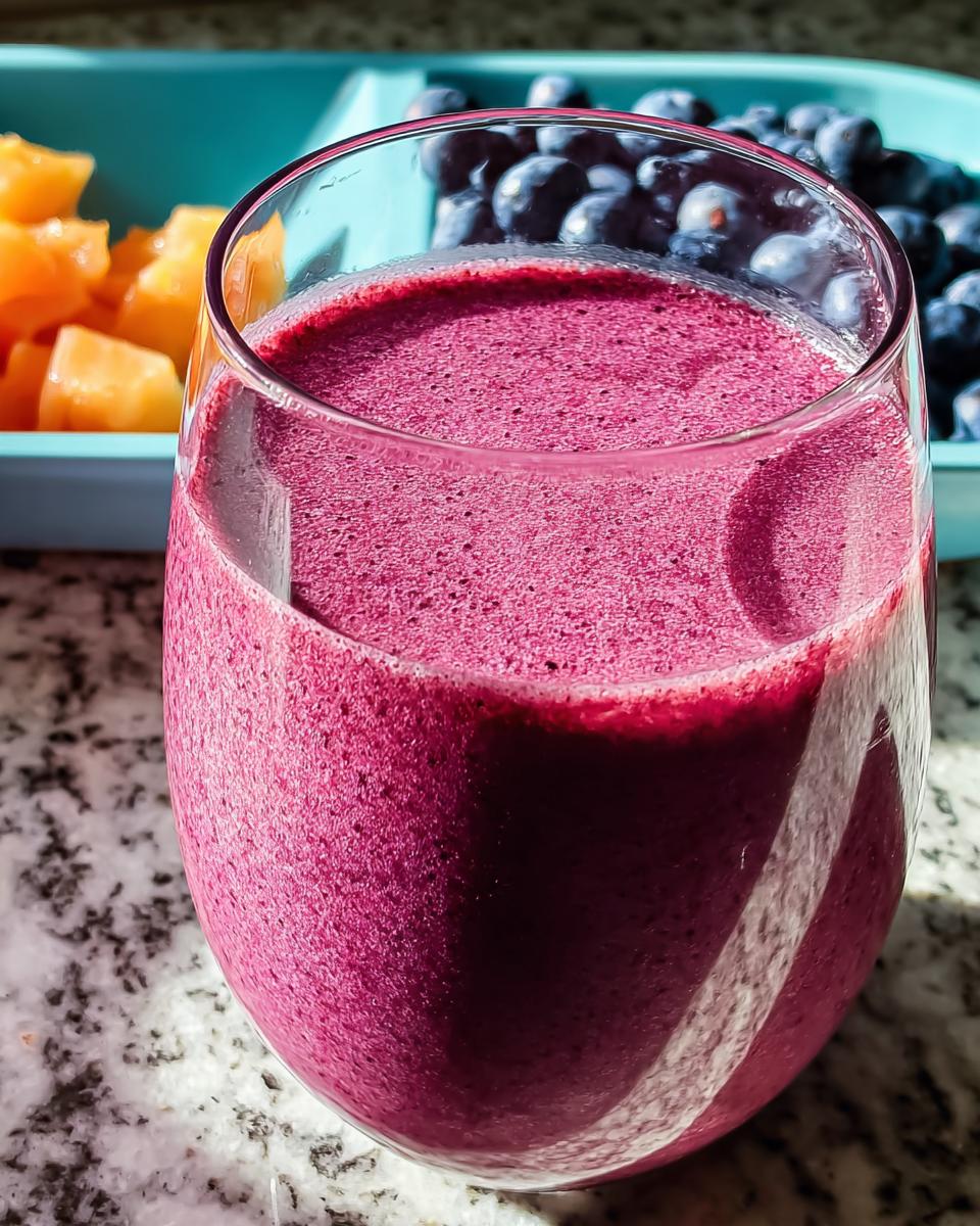 A vibrant purple berry smoothie in a glass, with blueberries and diced cantaloupe in the background, perfect for breakfast ideas.