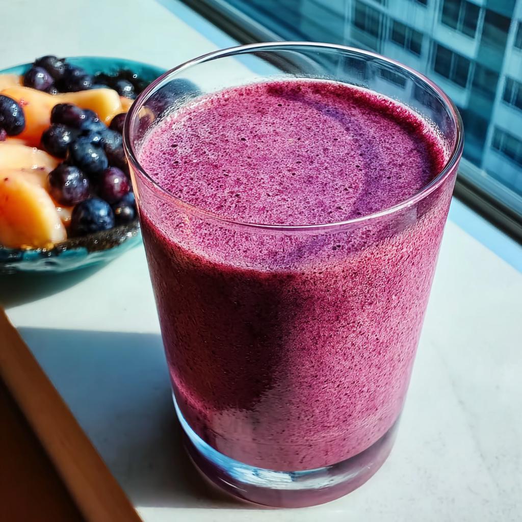 A vibrant purple berry smoothie in a glass, next to a bowl of fresh blueberries and fruit, perfect for breakfast ideas recipes.