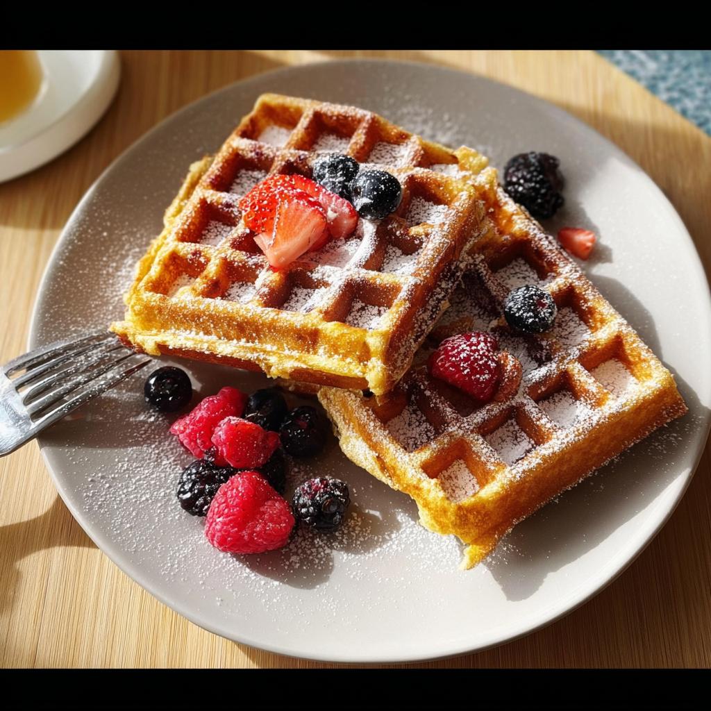 Two golden waffles topped with fresh berries and powdered sugar, perfect for breakfast ideas recipes.