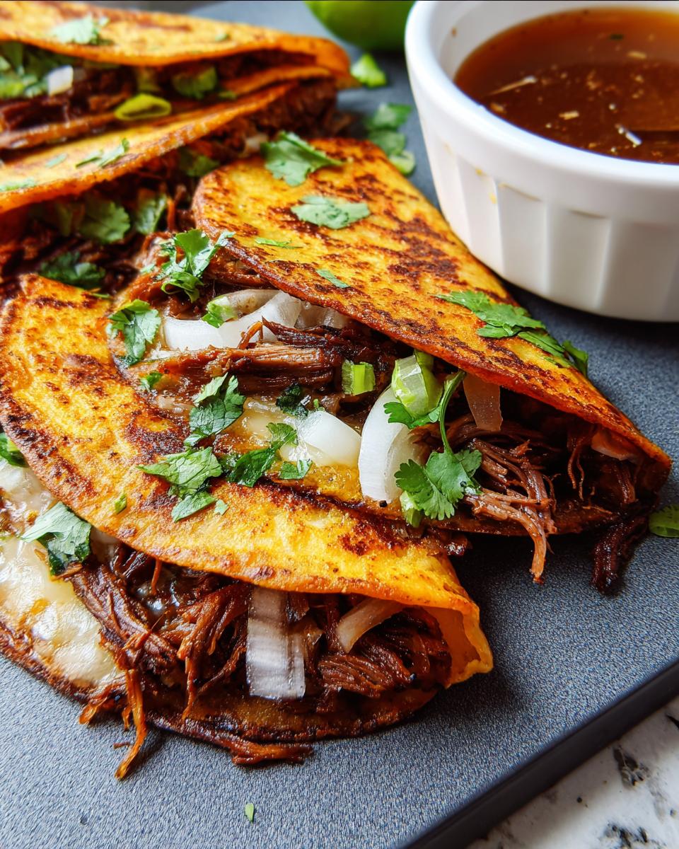 Close-up of crispy birria tacos filled with shredded beef, cheese, onions, and cilantro, served with consommé.