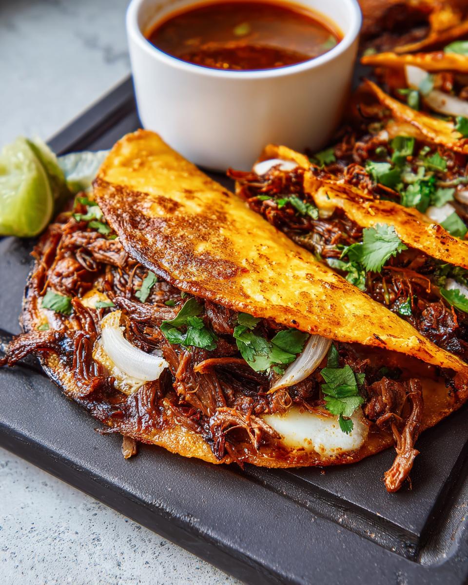 Close-up of a savory birria taco, filled with shredded beef, onions, and cilantro, served with dipping consommé.