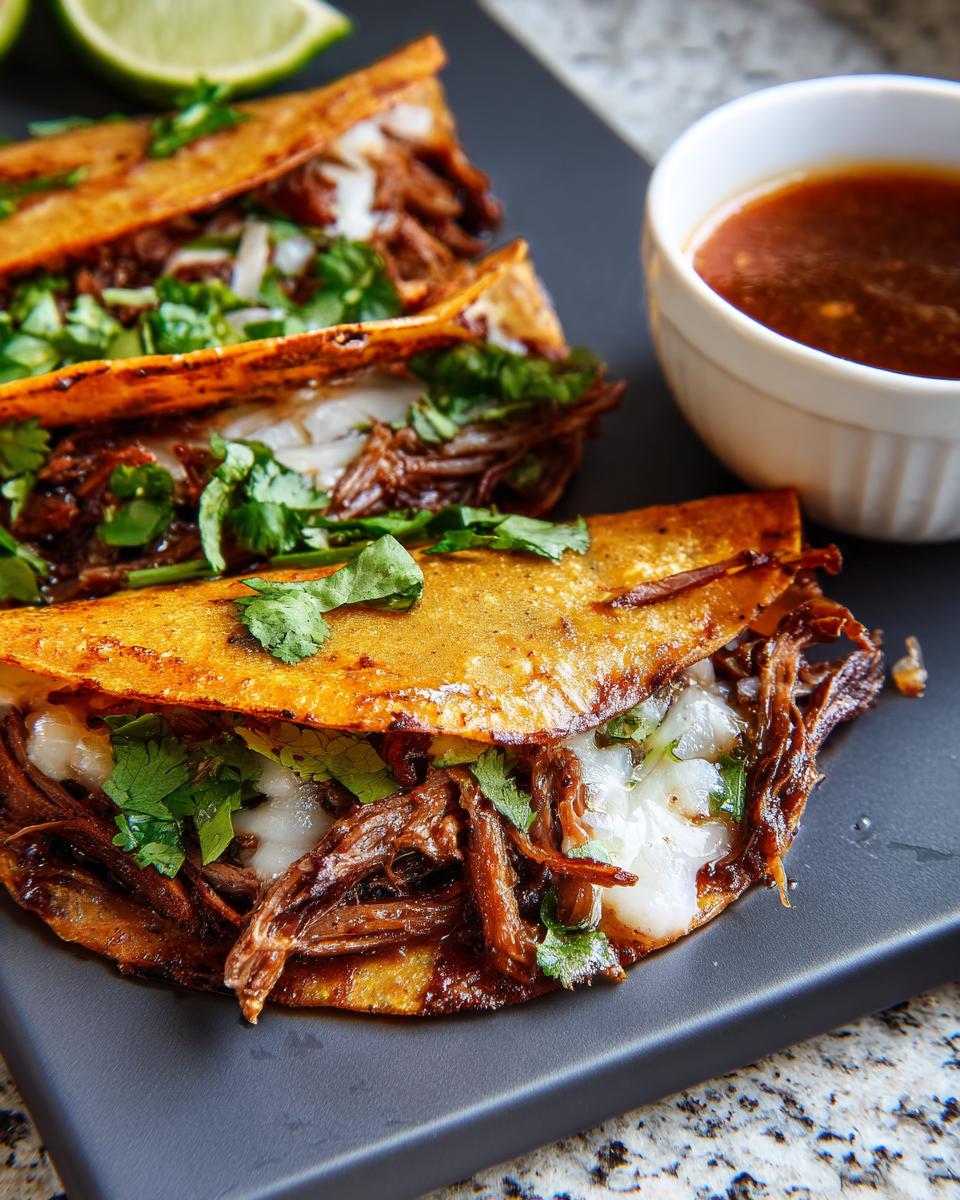 Close-up of three birria tacos filled with shredded beef, melted cheese, and cilantro, served with a side of consommé for dipping. Perfect for Taco Tuesday!