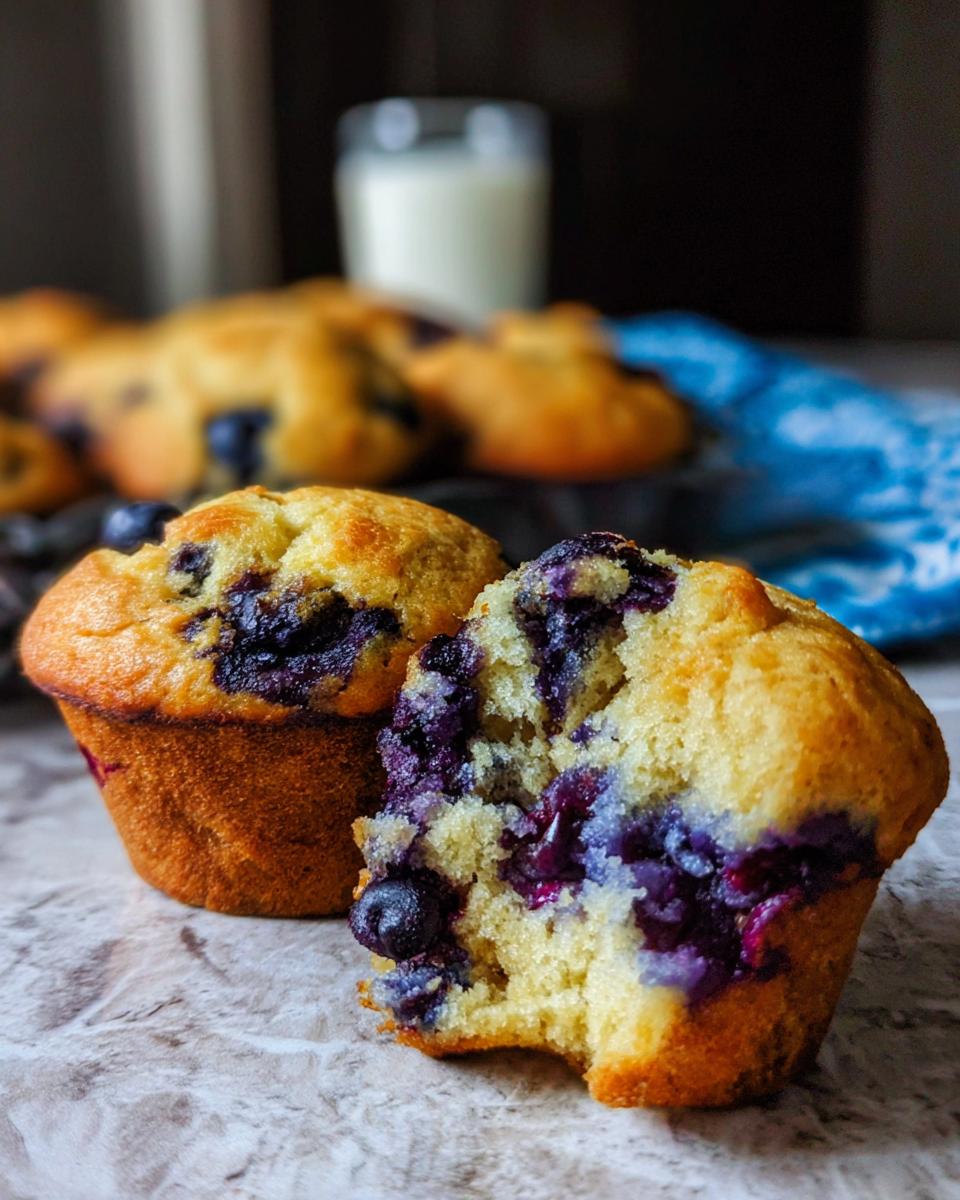 Close-up of a blueberry muffin, with one muffin broken open to reveal juicy blueberries inside. Part of a meal prep cake ideas recipe.