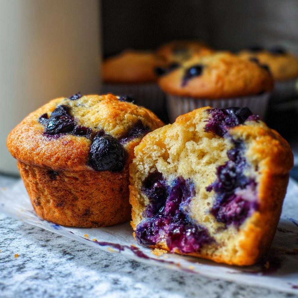 Close-up of delicious blueberry muffins, one cut in half showing juicy blueberries, part of a meal prep cake idea.