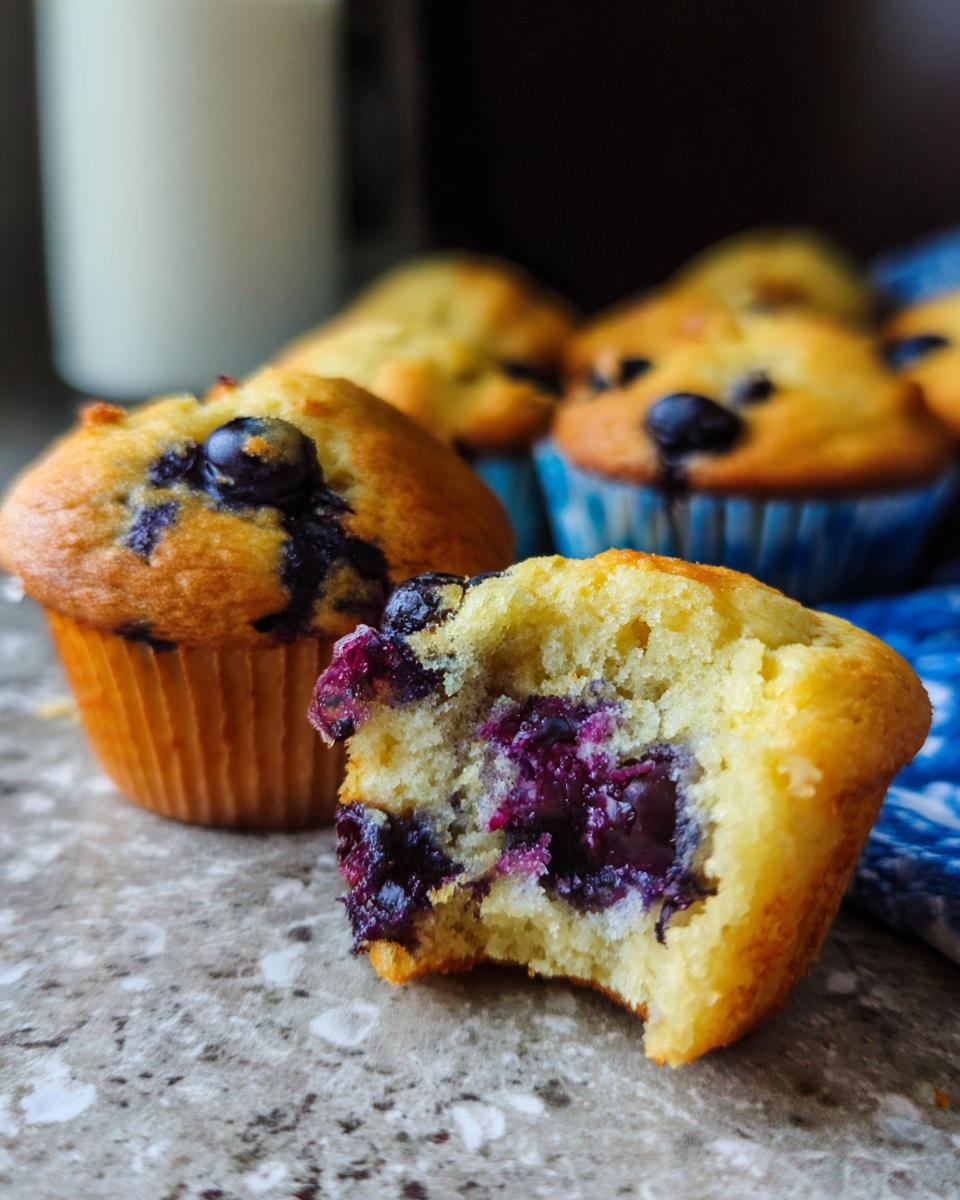Close-up of a bitten blueberry muffin, showing juicy blueberries inside. Other muffins are in the background.