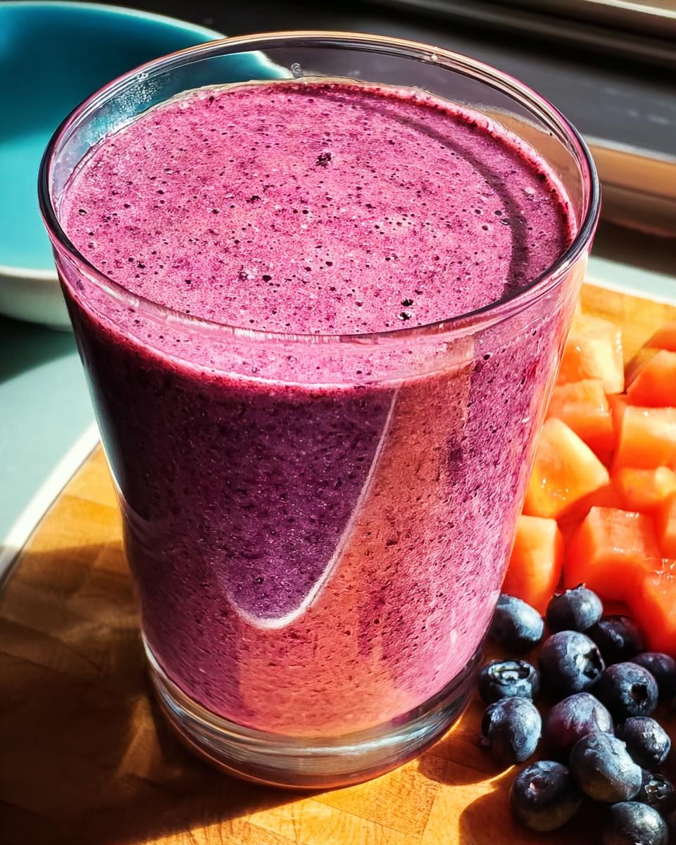 A vibrant blueberry smoothie in a glass, surrounded by fresh blueberries and diced cantaloupe, perfect for breakfast ideas.