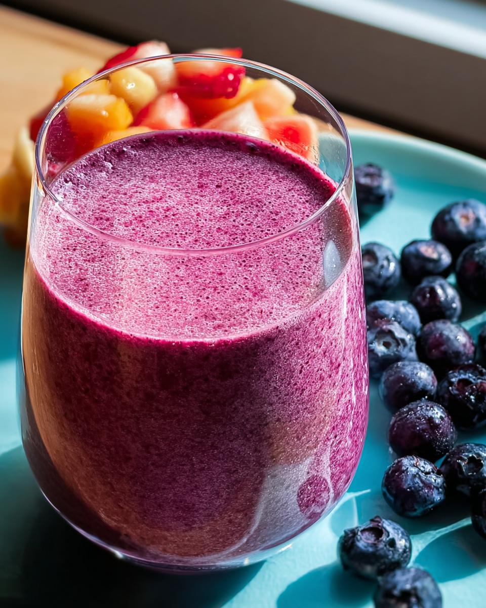 A vibrant purple blueberry smoothie in a glass, surrounded by fresh blueberries and a bowl of mixed fruit, perfect for breakfast ideas recipes.