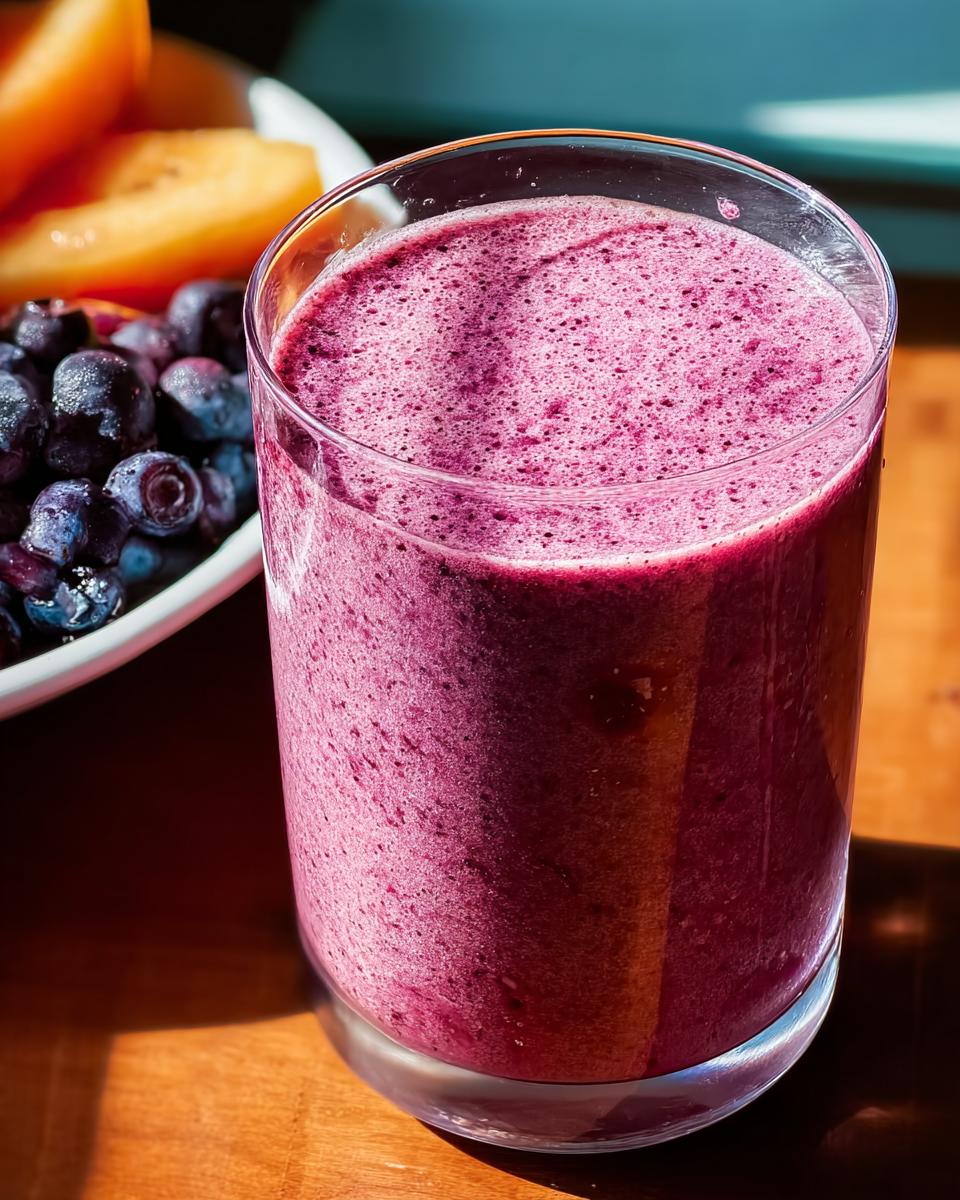 A vibrant blueberry smoothie in a glass, with fresh blueberries and sliced peaches in the background. Perfect for breakfast ideas.