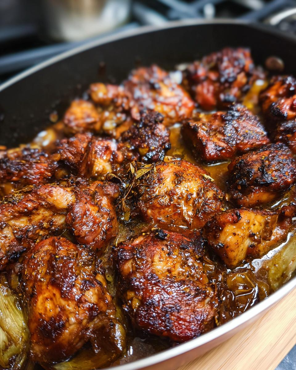Close-up of tender, braised chicken pieces in a dark, glossy sauce with herbs in a pan.