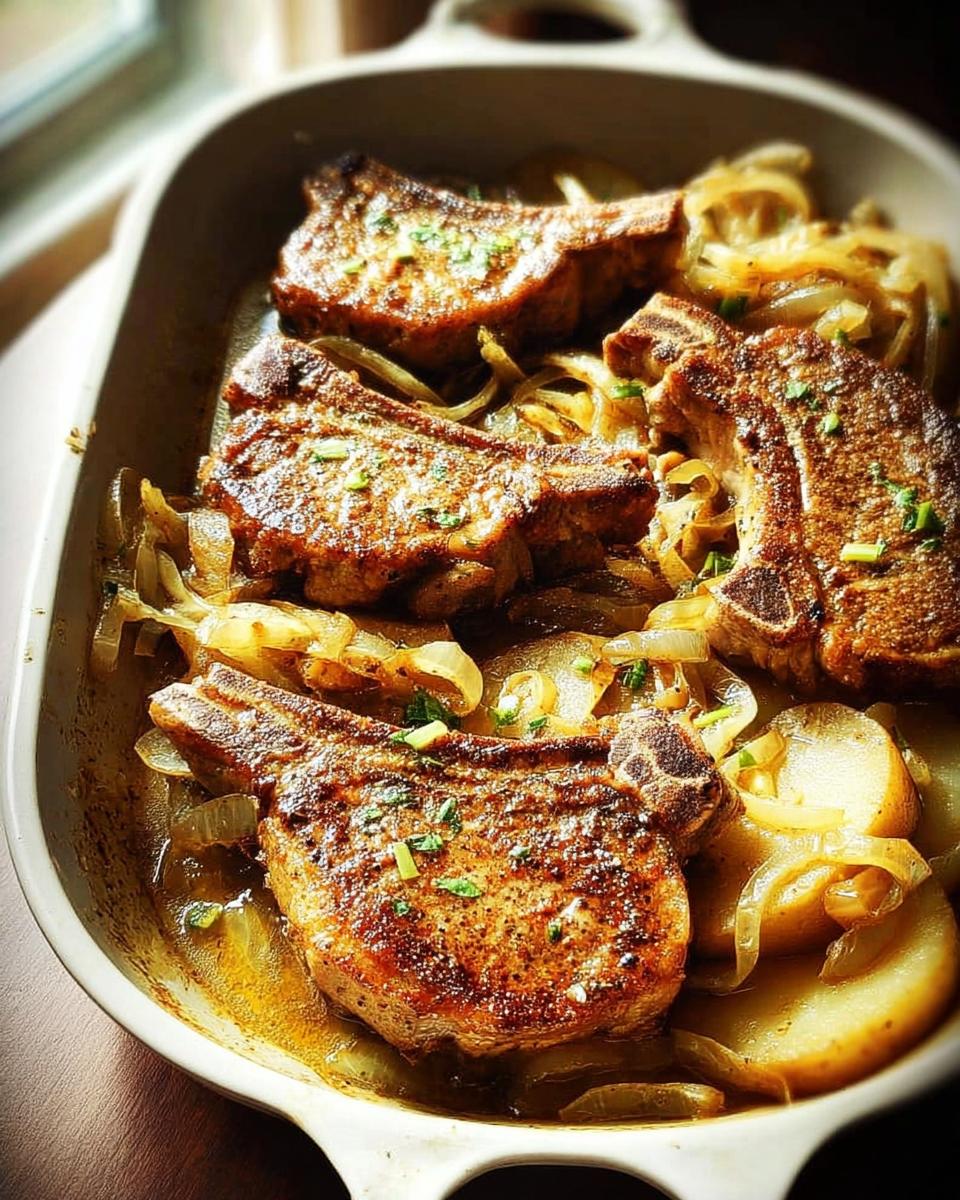 Close-up of tender braised pork chops nestled on a bed of caramelized onions and sliced potatoes.