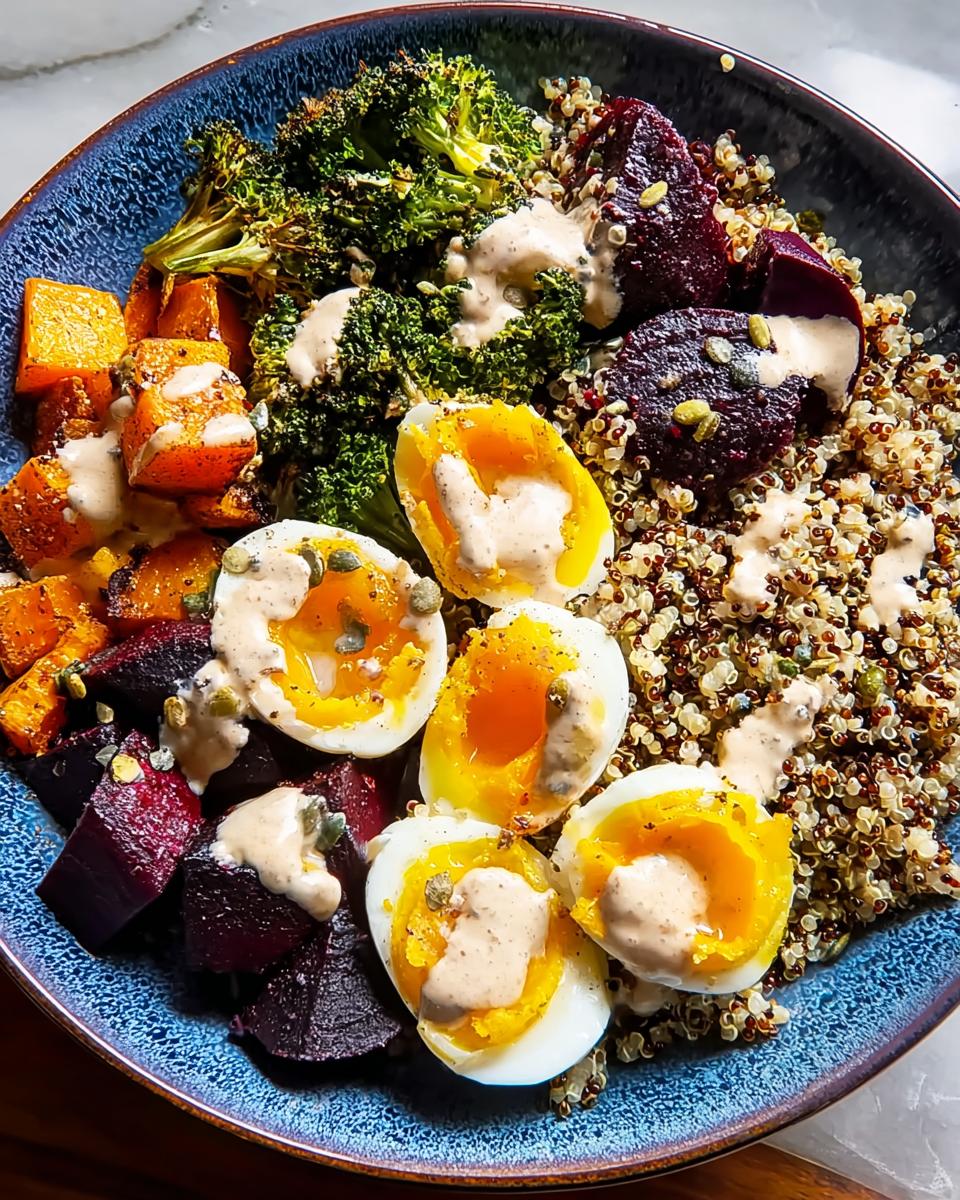 A vibrant breakfast bowl filled with quinoa, roasted vegetables, and halved hard-boiled eggs, drizzled with sauce. A perfect example of delicious breakfast ideas.