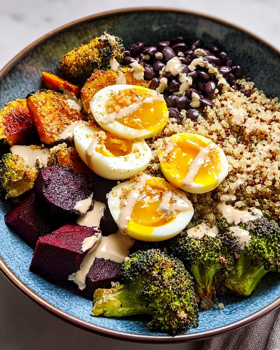 A colorful and nutritious breakfast bowl featuring soft-boiled eggs, quinoa, black beans, roasted vegetables, and a creamy dressing.