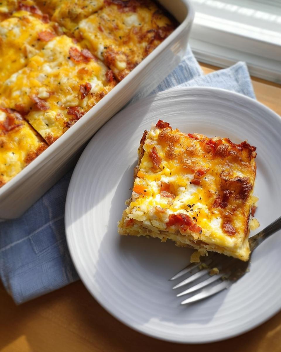 A slice of delicious breakfast casserole with bacon, cheese, and eggs on a plate, part of a larger casserole in the background.