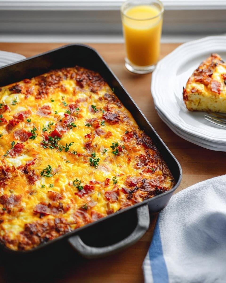 A golden-brown breakfast casserole with bacon and cheese, garnished with fresh herbs, served in a cast-iron skillet.