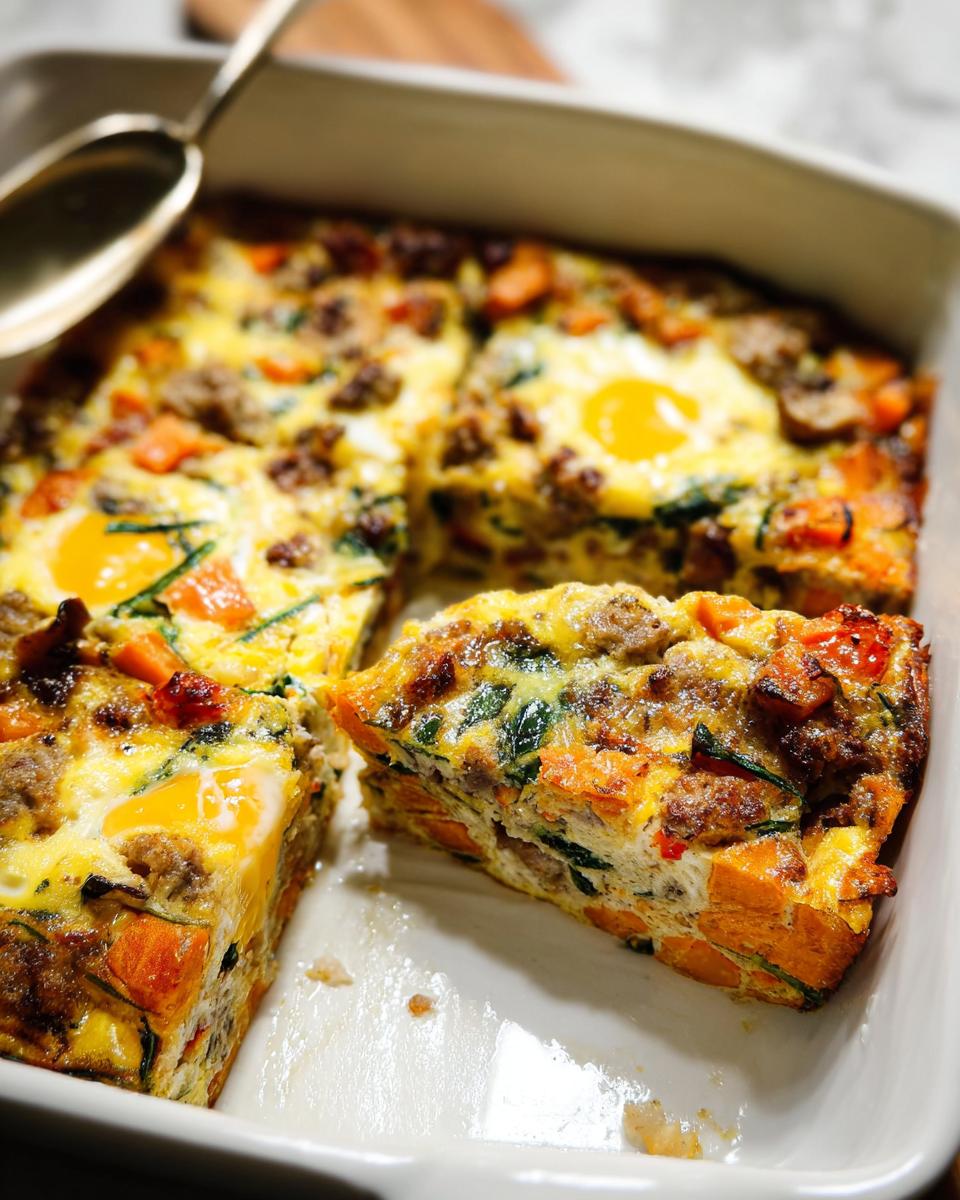 A slice of a hearty breakfast casserole with eggs, sausage, sweet potatoes, and spinach, perfect for meal prep.
