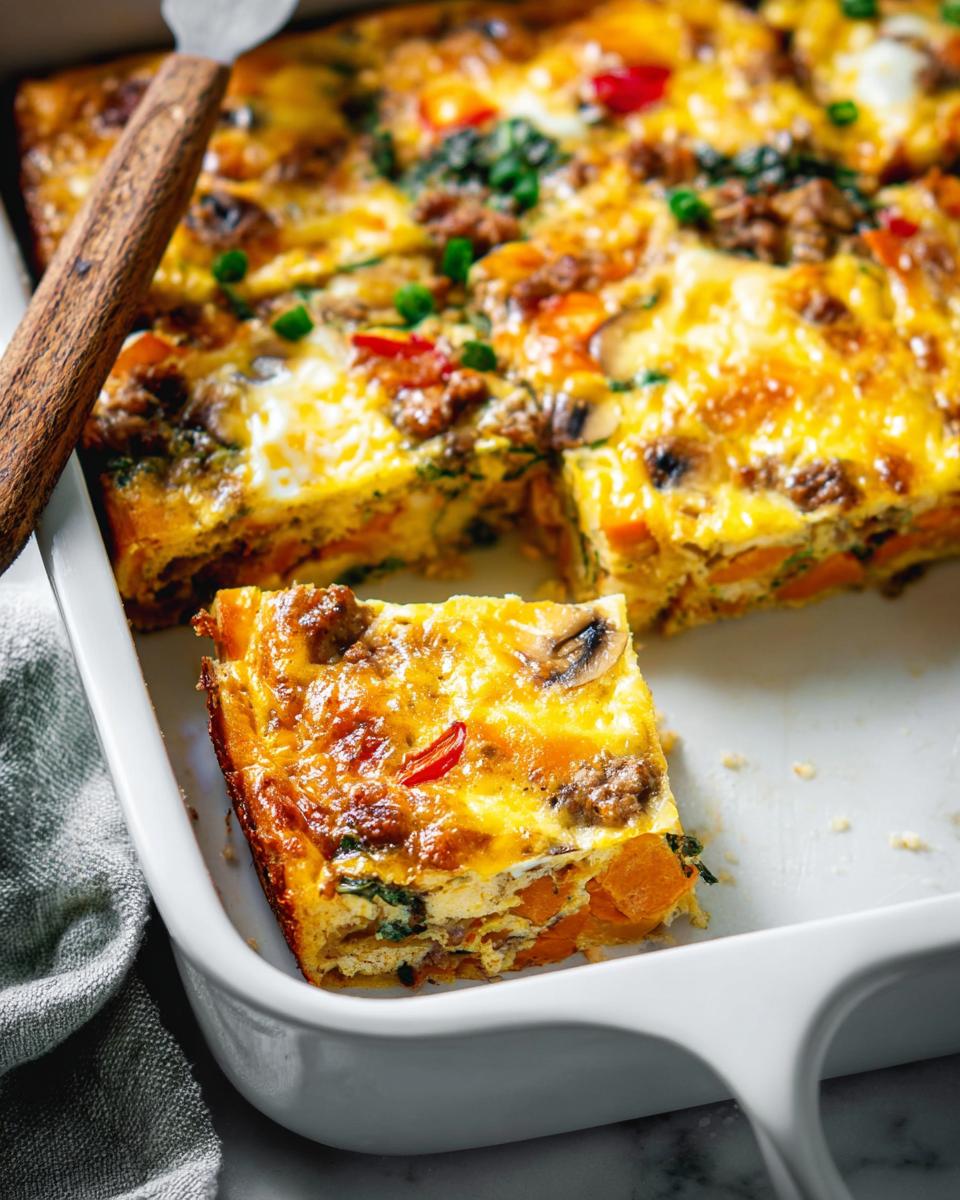 A slice of a hearty breakfast casserole with eggs, sausage, sweet potato, and spinach, perfect for meal prep.