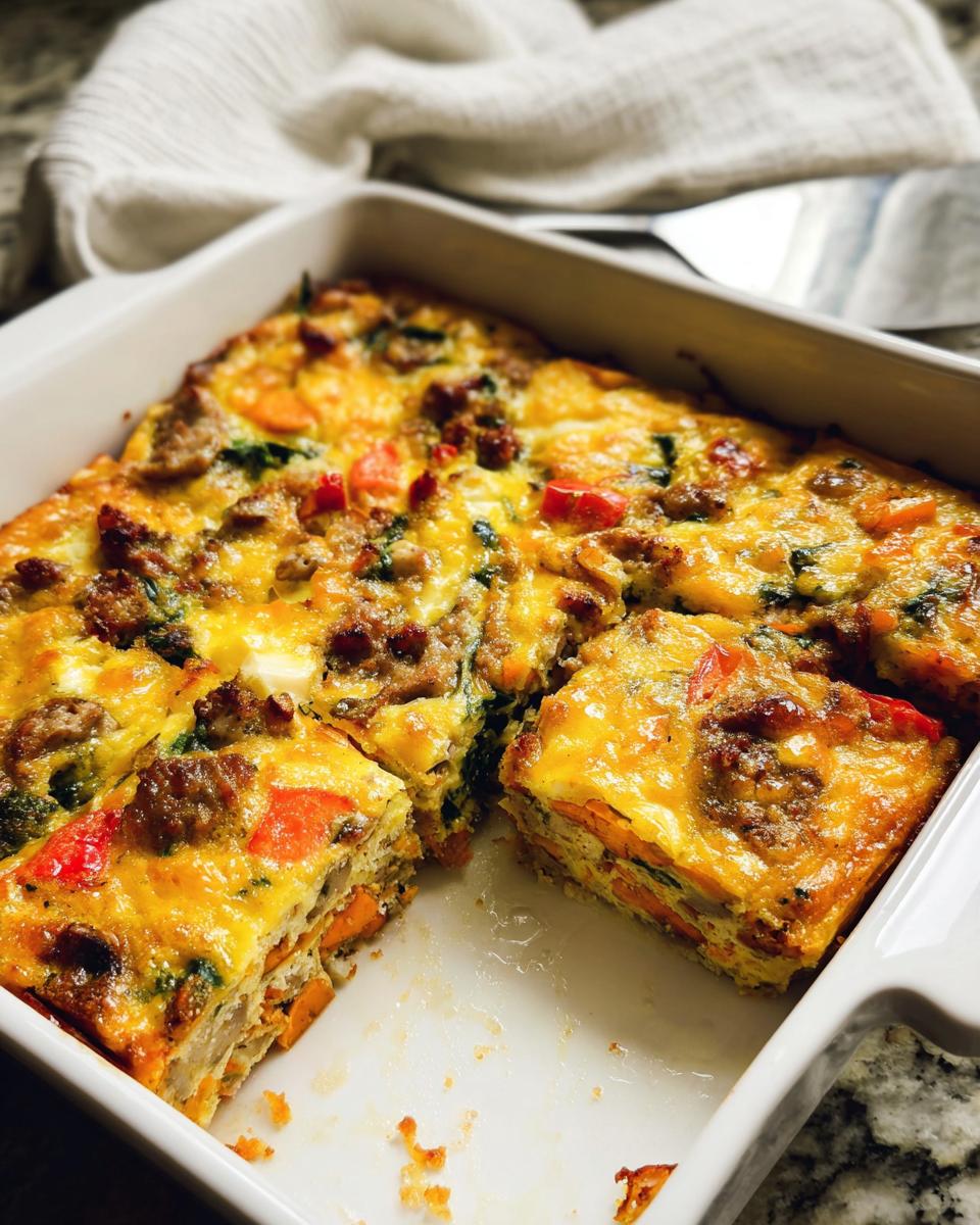 A baked breakfast casserole with sausage, vegetables, and cheese in a white dish, perfect for meal prep.