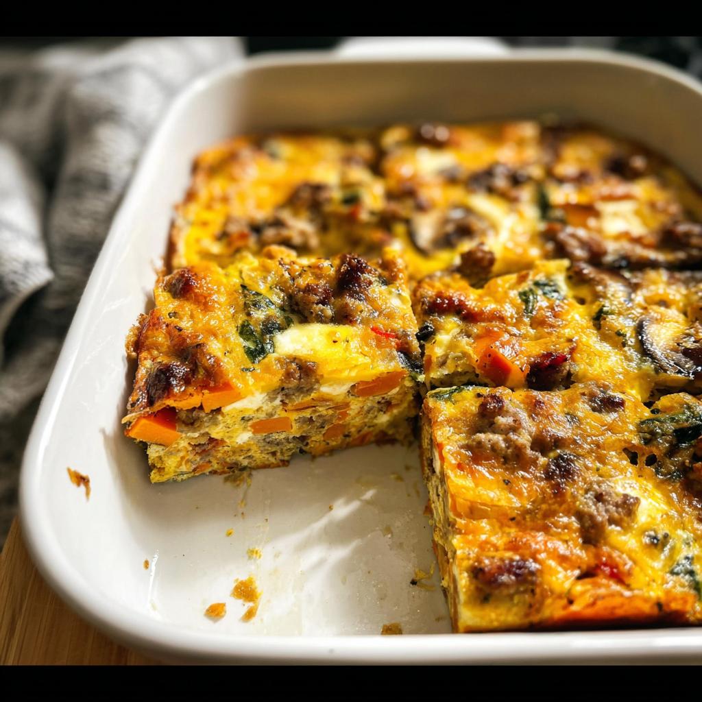 A delicious breakfast casserole with eggs, sausage, sweet potato, and spinach, perfect for meal prep.