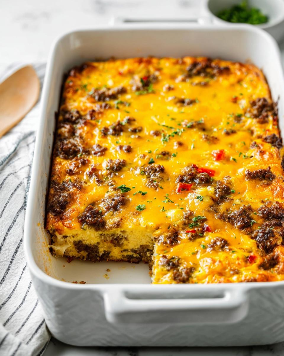 A delicious breakfast casserole with sausage, cheese, and peppers, perfect for meal prep recipes.