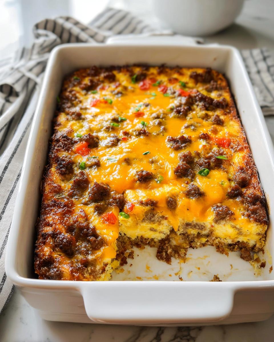 A freshly baked breakfast casserole in a white baking dish, topped with melted cheese and sausage. Perfect for breakfast ideas, recipes, and meal prep.