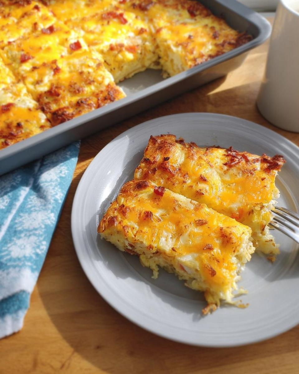 Two slices of a hearty breakfast casserole with bacon and melted cheese on a plate, part of a larger casserole in a baking dish.