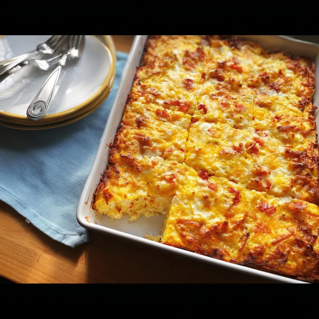 A golden-brown baked breakfast casserole with cheese and diced red peppers in a white baking dish.