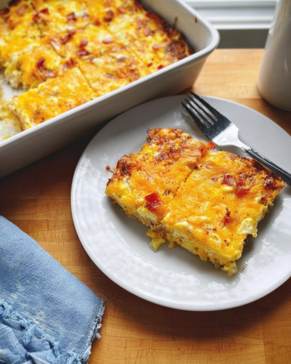 A delicious slice of breakfast casserole with eggs, cheese, and bacon, served on a white plate.
