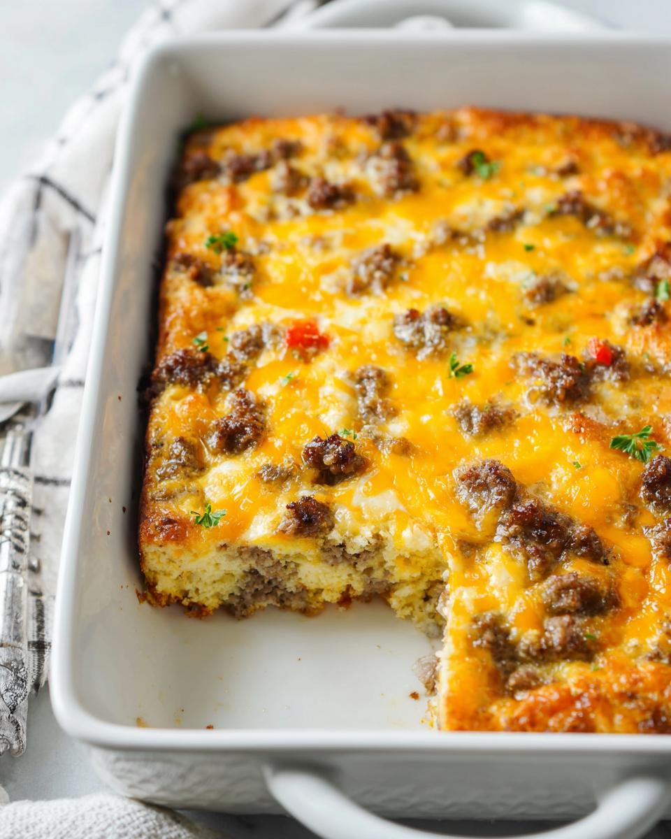 A delicious breakfast casserole recipe with crumbled sausage, melted cheddar cheese, and a hint of red pepper.