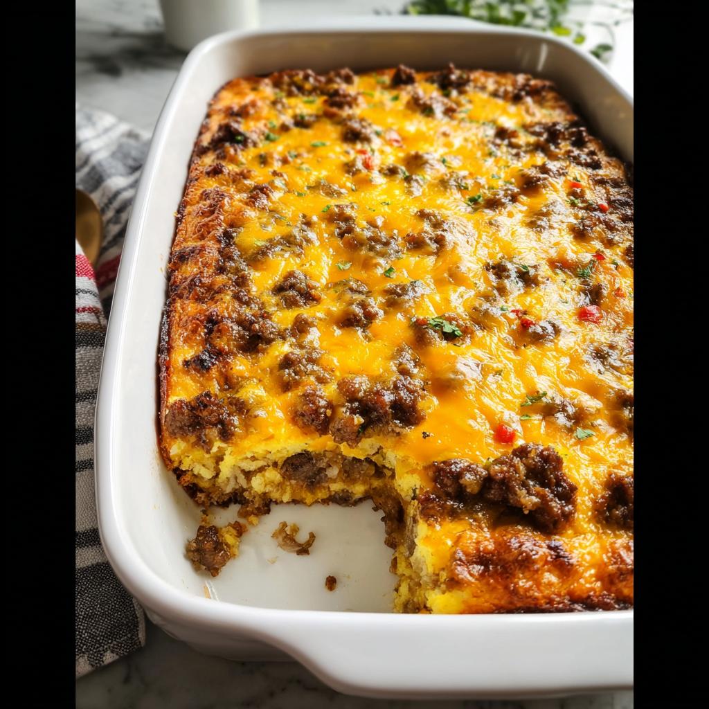 A delicious breakfast casserole recipe in a white baking dish, topped with sausage and melted cheese.