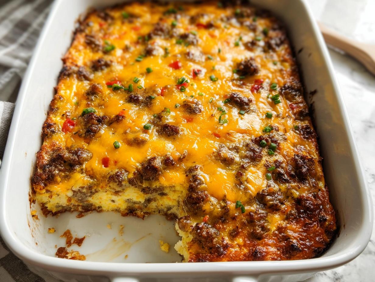 A delicious breakfast casserole recipe with sausage, melted cheese, and chives in a white baking dish.