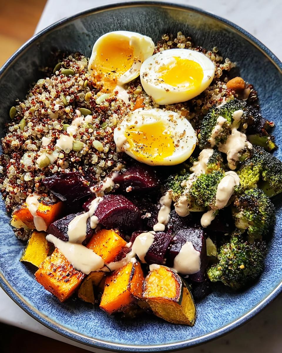 A vibrant bowl filled with quinoa, roasted vegetables (broccoli, squash, beets), and soft-boiled eggs, drizzled with a creamy sauce. A perfect example of healthy breakfast ideas.
