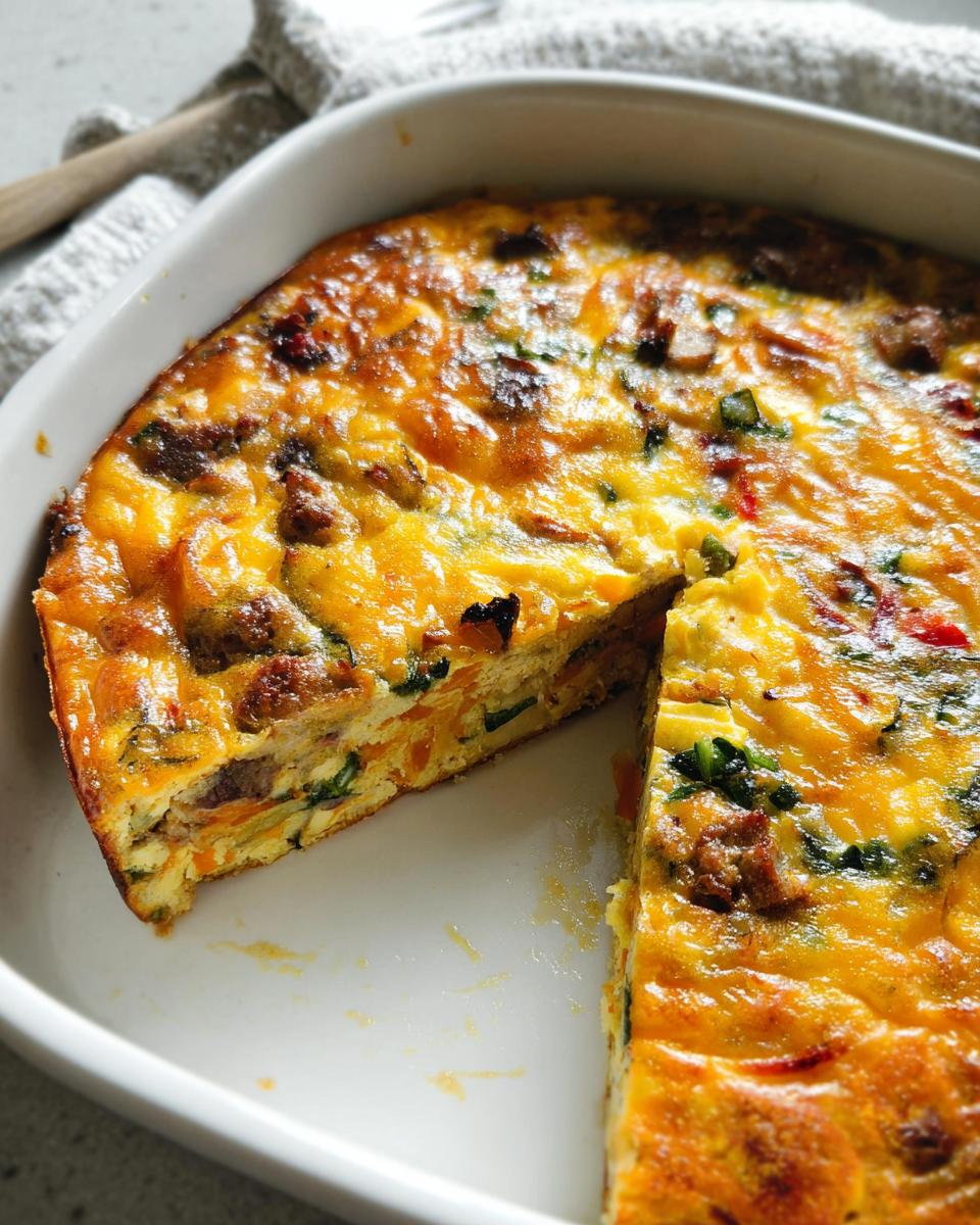 A slice of a savory egg bake with vegetables and sausage, perfect for breakfast ideas meal prep.