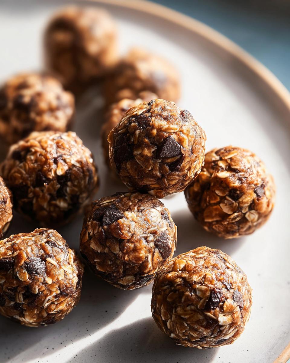 Close-up of chocolate chip oatmeal energy balls, a perfect addition to breakfast ideas recipes.