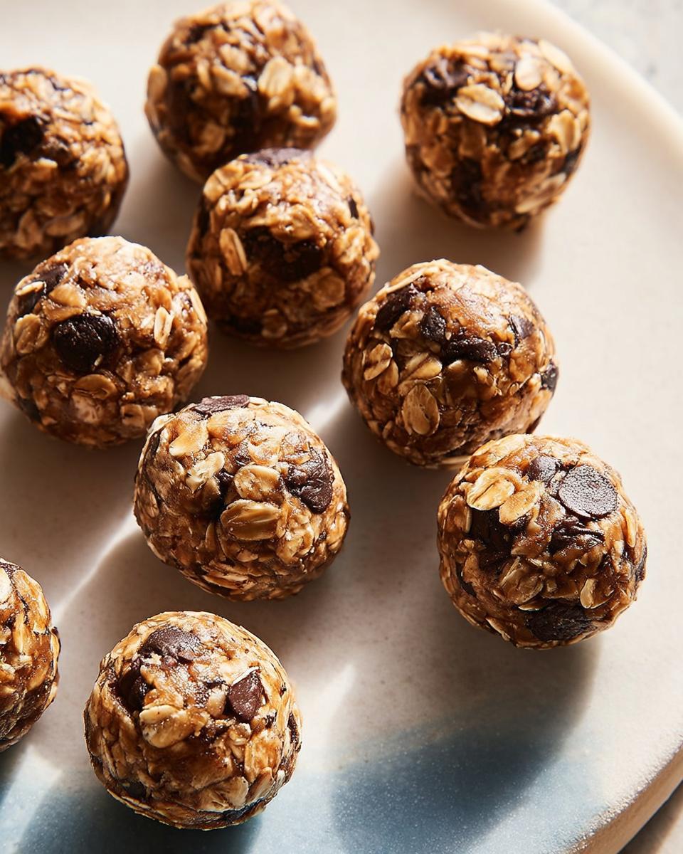 Close-up of no-bake energy bites with oats and chocolate chips, perfect for breakfast ideas recipes.