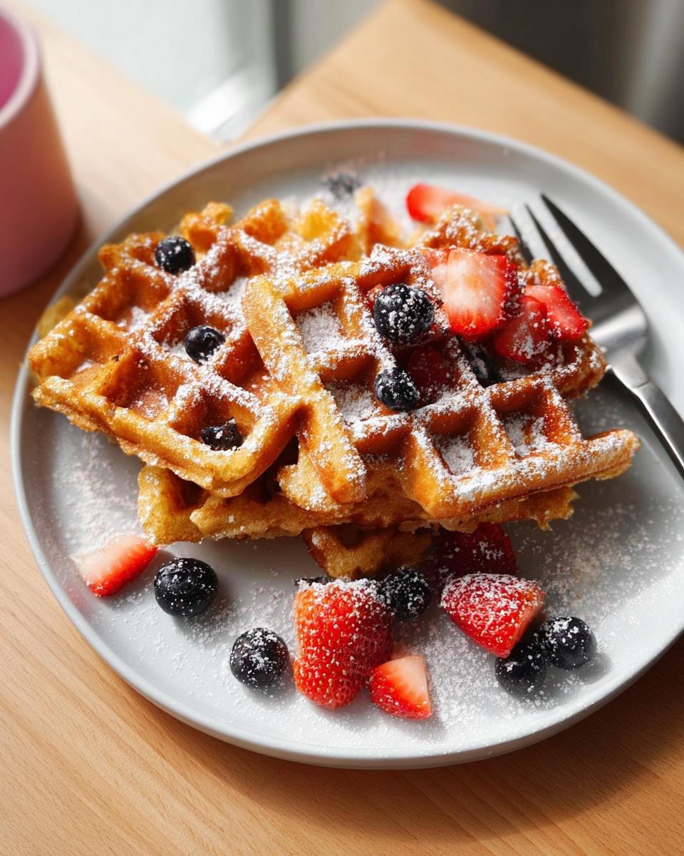 Stack of golden waffles topped with fresh strawberries and blueberries, dusted with powdered sugar. Part of breakfast ideas recipes.
