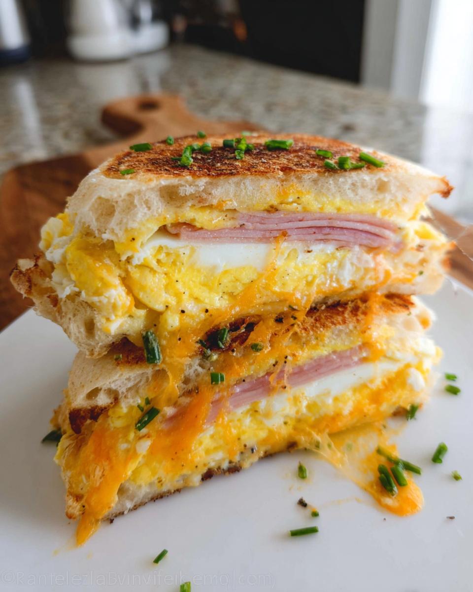 A stacked breakfast sandwich with scrambled eggs, ham, melted cheese, and chives on toasted bread.
