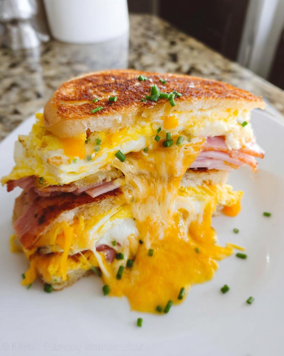 A close-up of a breakfast sandwich with fried eggs, ham, and melted cheese, part of sandwich ideas recipes.
