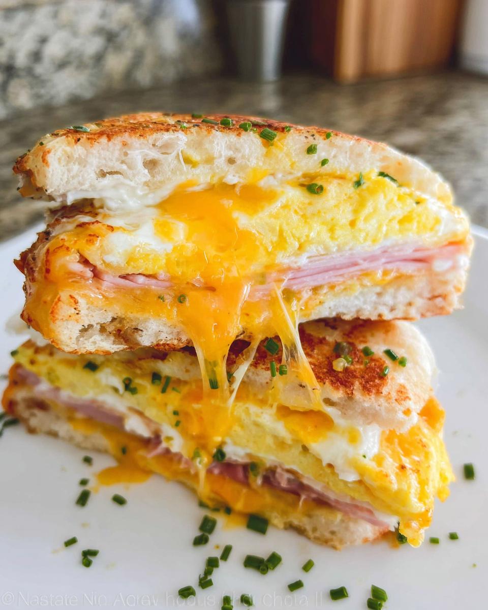 A close-up of a stacked breakfast sandwich with melted cheese, fried egg, and ham on toasted bread, a perfect example of sandwich ideas recipes.